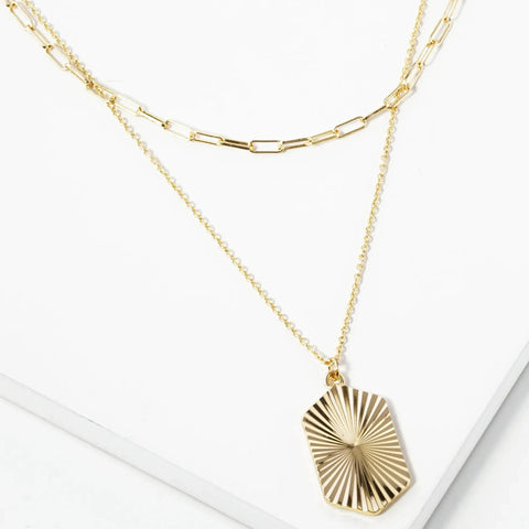 Fluted Hexagon Pendant Layered Necklace