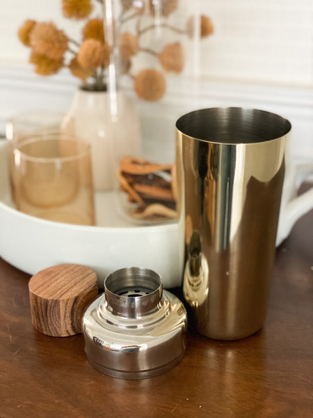 Gold Cocktail Shaker with Wood Top