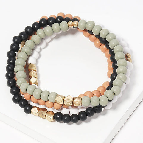 Wood Bead & Gold Cube Stretch Bracelet Stacks