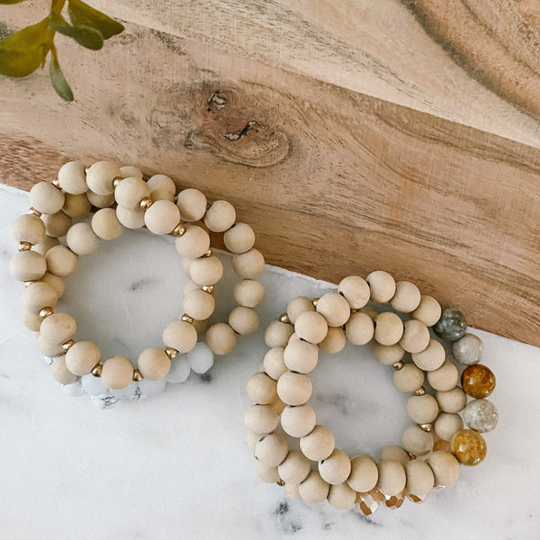 Wood and Stone Bead Bracelet Stack