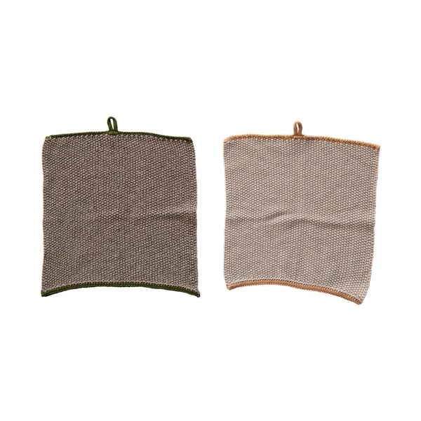 Cotton Knit Dish Cloths with trim & loop | Set of 2